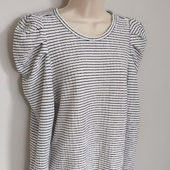 LOFT Black and White Striped Pleated Puffy Shoulder Long Sleeve Top Medium - Picture 4 of 12